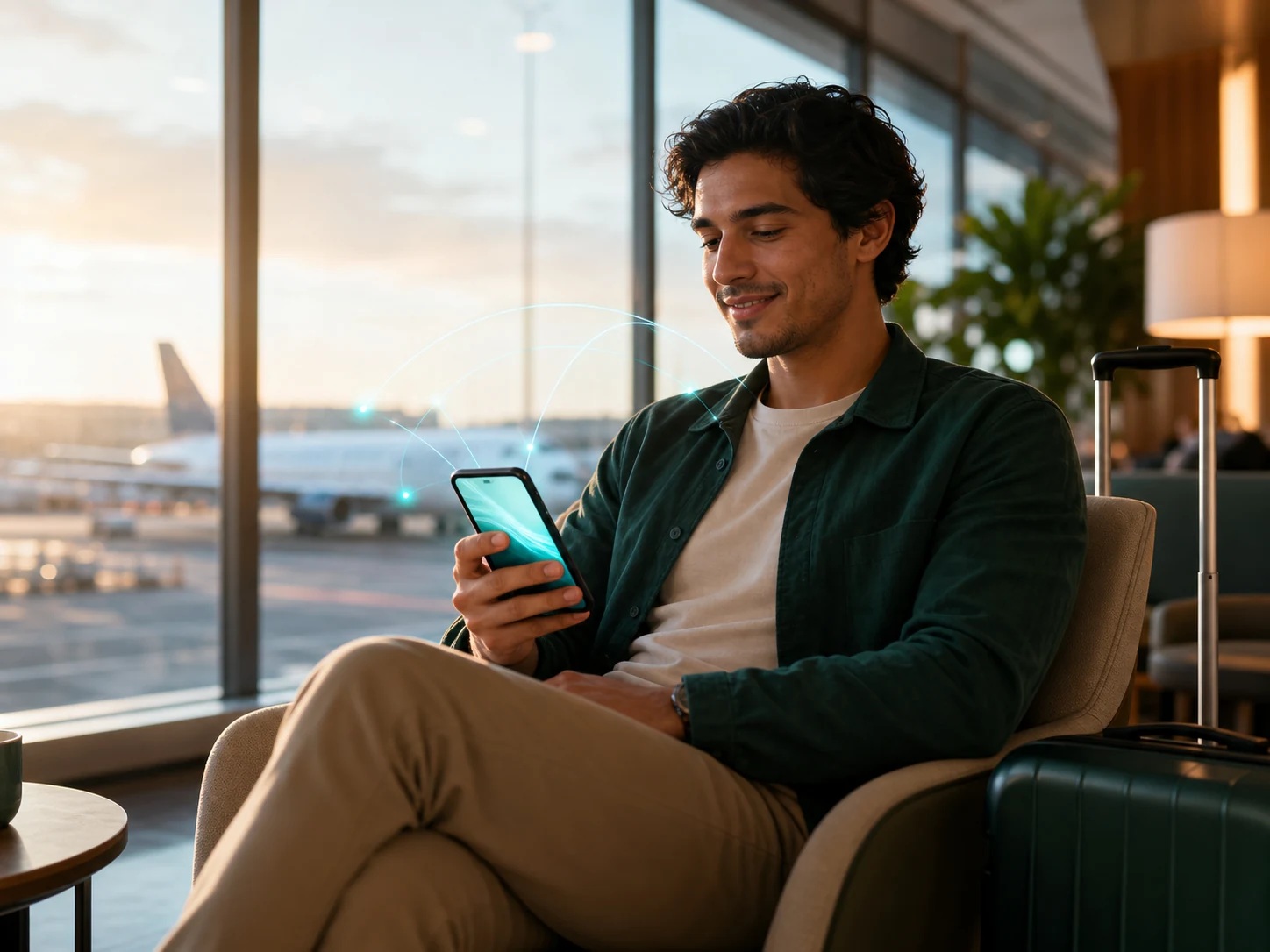 Viajero conectado con eSIM en aeropuerto