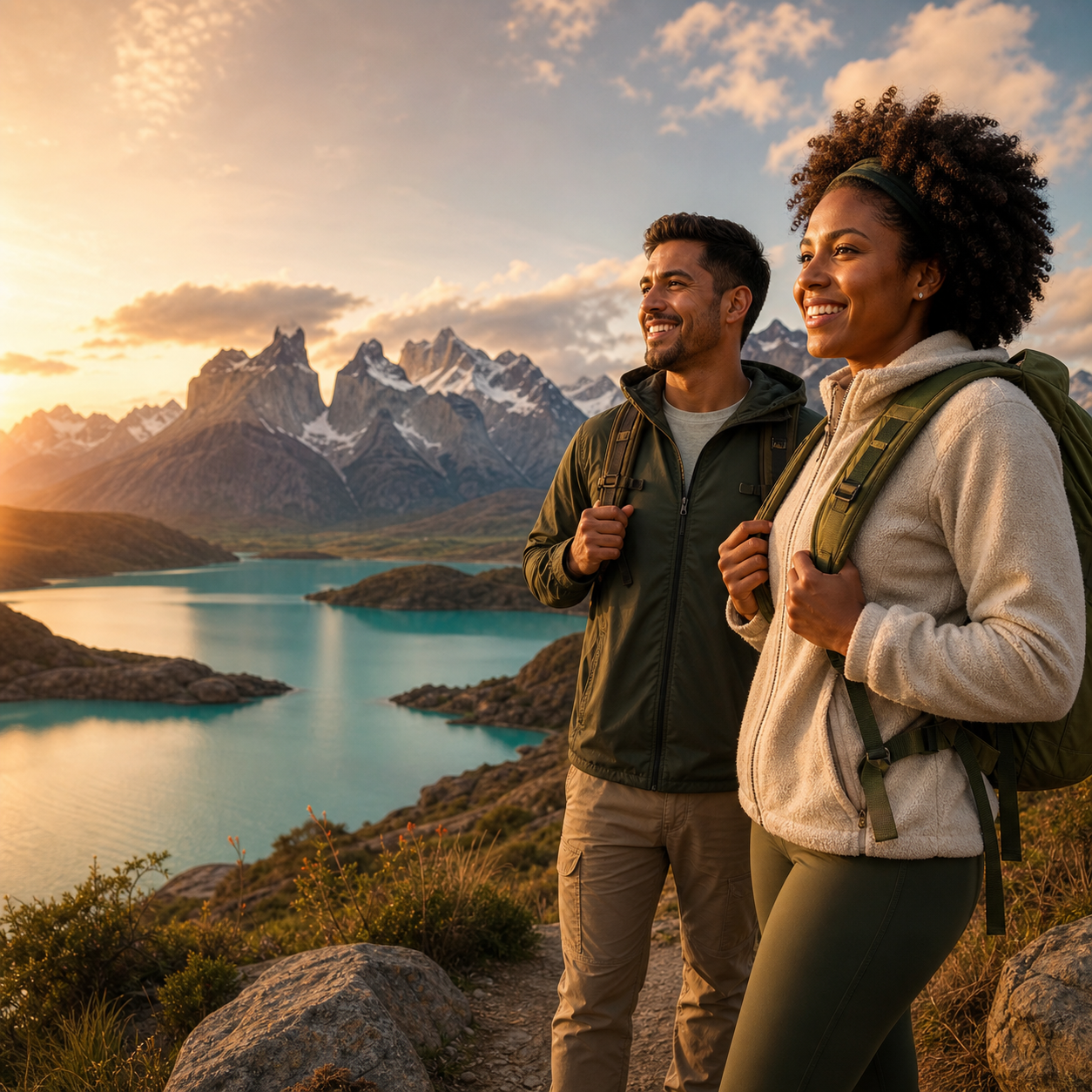 Pareja de viajeros en la montaña